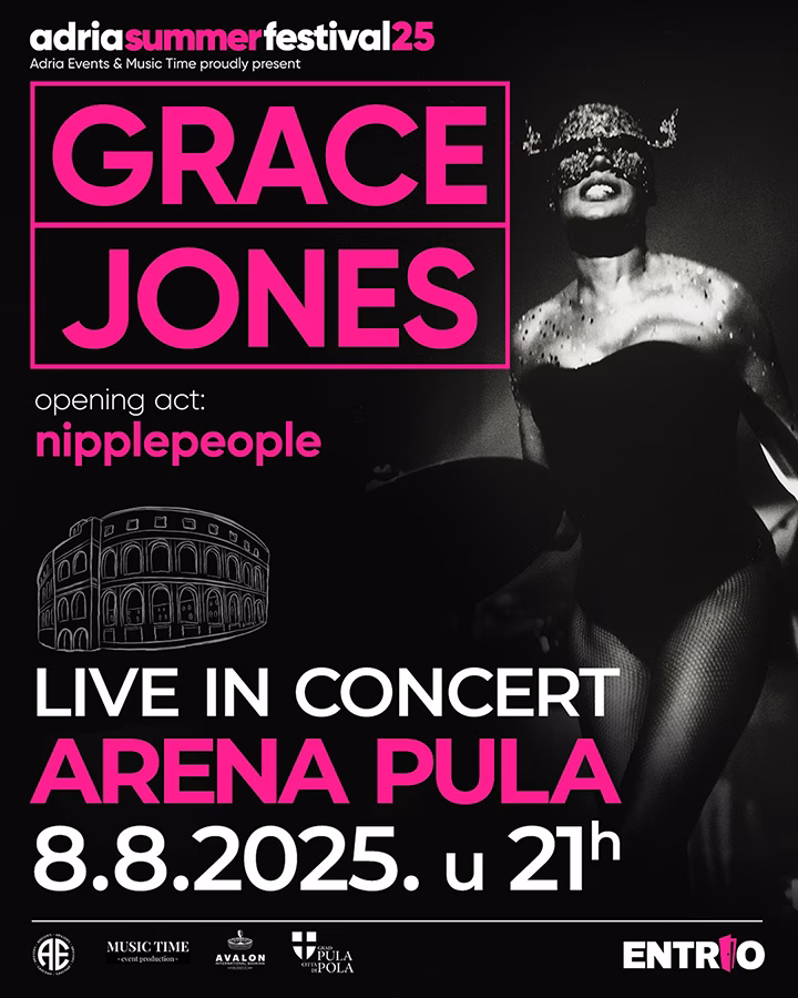 Adria festival info with Grace Jones and Nipplepeople